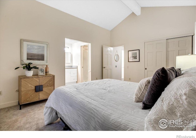 8940 W 80th Dr, Arvada, CO 80005 - carpeted bedroom featuring beamed ceiling, a closet, high vaulted ceiling, and ensuite bath