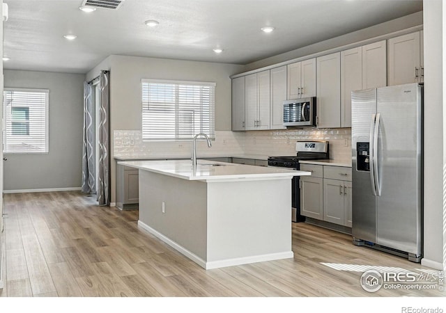 kitchen with light countertops, appliances with stainless steel finishes, gray cabinetry, and a wealth of natural light