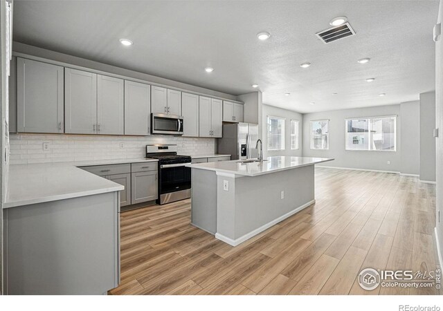 kitchen with light wood-style floors, a sink, appliances with stainless steel finishes, and gray cabinetry