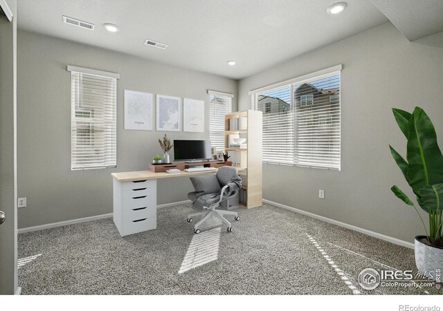 carpeted office space featuring baseboards, visible vents, and a wealth of natural light
