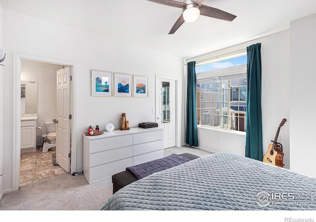 3536 Valleywood Ct, Johnstown, CO 80534 - bedroom with ensuite bathroom, light colored carpet, and ceiling fan