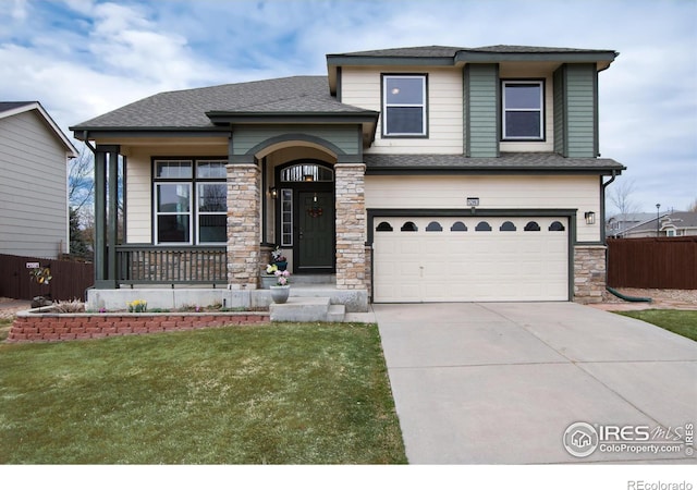 view of front facade with roof with shingles, fence, stone siding, driveway, and a garage