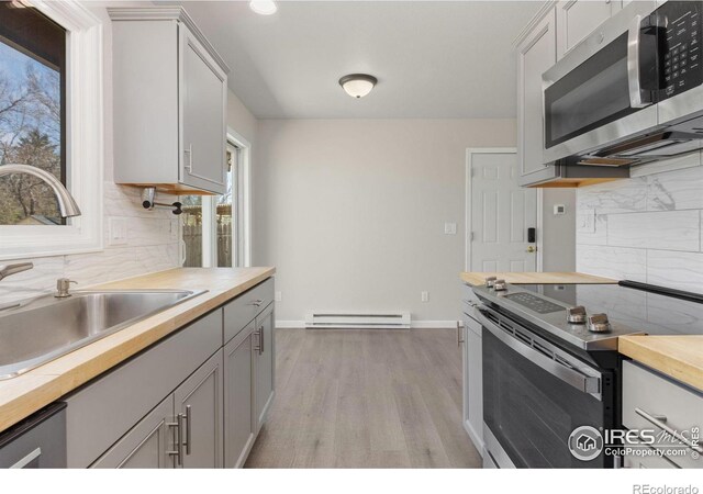 2836 Adobe Dr, Fort Collins, CO 80525 - kitchen featuring light wood finished floors, wooden counters, a baseboard radiator, stainless steel appliances, and a sink