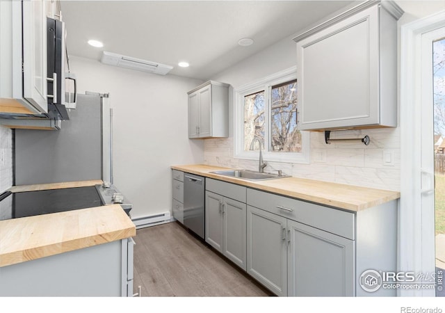 2836 Adobe Dr, Fort Collins, CO 80525 - kitchen featuring gray cabinets, a sink, stainless steel appliances, and butcher block counters
