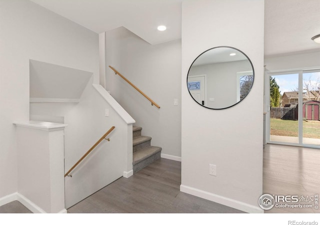 2836 Adobe Dr, Fort Collins, CO 80525 - stairs with recessed lighting, baseboards, and wood finished floors