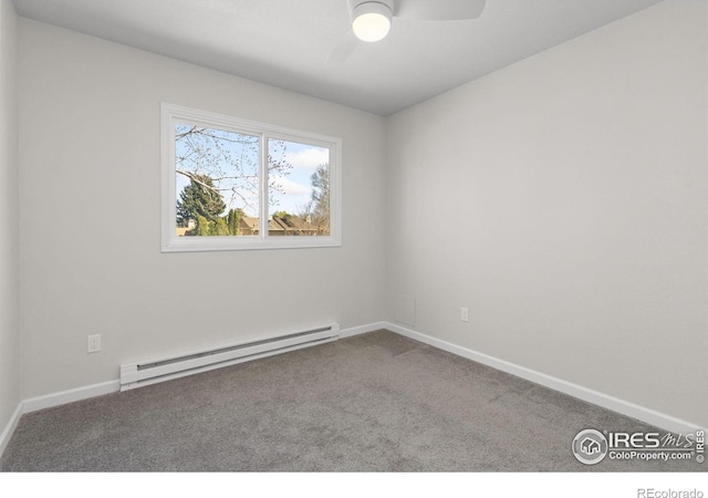 2836 Adobe Dr, Fort Collins, CO 80525 - empty room featuring a baseboard radiator, carpet floors, baseboards, and a ceiling fan