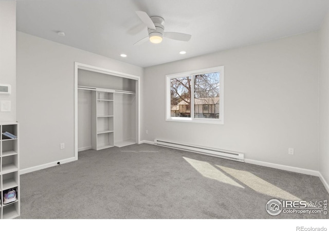 2836 Adobe Dr, Fort Collins, CO 80525 - unfurnished bedroom featuring carpet flooring, baseboards, a ceiling fan, a closet, and baseboard heating