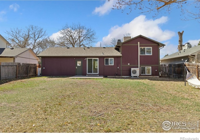 2836 Adobe Dr, Fort Collins, CO 80525 - rear view of house featuring a lawn, a chimney, a fenced backyard, and ac unit