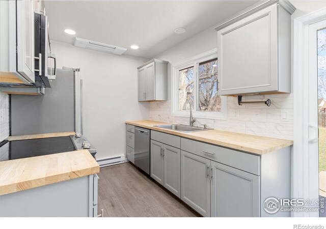 2836 Adobe Dr, Fort Collins, CO 80525 - kitchen featuring backsplash, a sink, appliances with stainless steel finishes, gray cabinetry, and wood counters