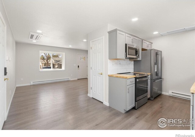 2836 Adobe Dr, Fort Collins, CO 80525 - kitchen with baseboard heating, visible vents, butcher block countertops, and stainless steel appliances