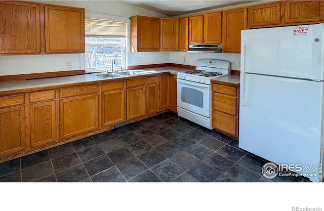3828 Mckinley Ave, Wellington, CO 80549 - kitchen featuring brown cabinetry, a sink, under cabinet range hood, and white appliances
