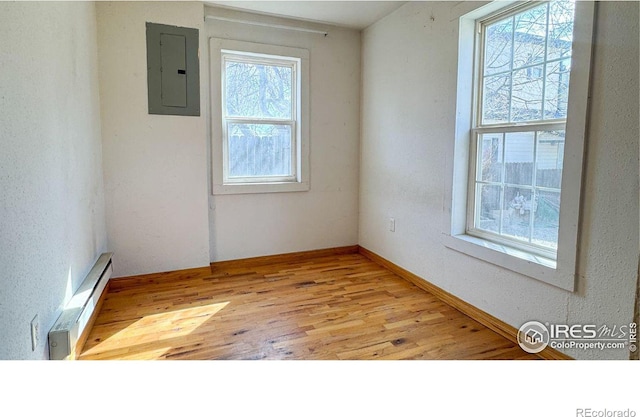 3828 Mckinley Ave, Wellington, CO 80549 - spare room featuring electric panel, a baseboard radiator, light wood-type flooring, and baseboards