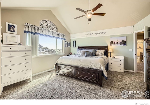 5460 Homeward Dr, Timnath, CO 80547 - bedroom with carpet flooring, baseboards, high vaulted ceiling, and ceiling fan