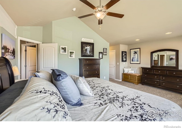 5460 Homeward Dr, Timnath, CO 80547 - bedroom featuring carpet floors, ceiling fan, recessed lighting, and high vaulted ceiling