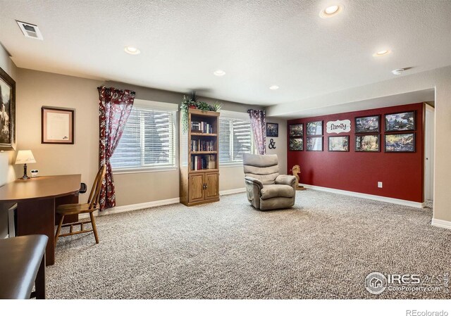 5460 Homeward Dr, Timnath, CO 80547 - sitting room featuring carpet, baseboards, a textured ceiling, recessed lighting, and a desk