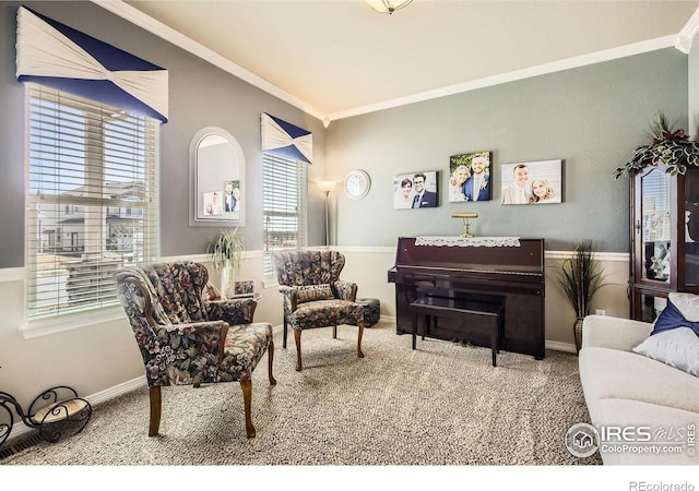 5460 Homeward Dr, Timnath, CO 80547 - living area featuring ornamental molding, carpet floors, and baseboards