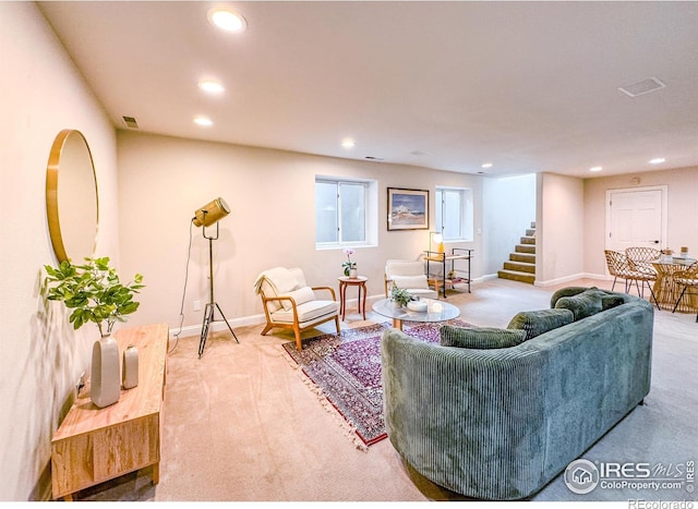 7155 Rustic Trl, Boulder, CO 80301 - living area with carpet floors, recessed lighting, stairway, and baseboards