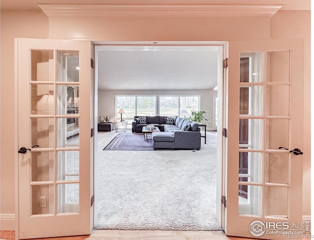 7155 Rustic Trl, Boulder, CO 80301 - living room featuring french doors, carpet flooring, and ornamental molding