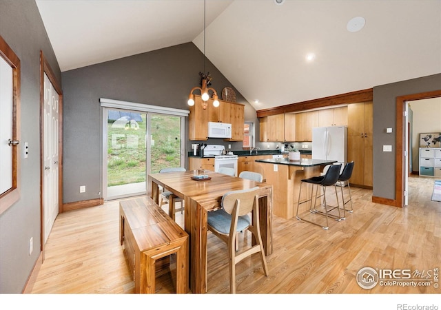 10435 Roan Mountain Rd, Loveland, CO 80538 - dining room featuring high vaulted ceiling, light wood-style floors, and baseboards