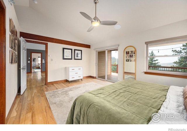 10435 Roan Mountain Rd, Loveland, CO 80538 - bedroom with high vaulted ceiling, baseboards, access to exterior, ceiling fan, and light wood-style flooring