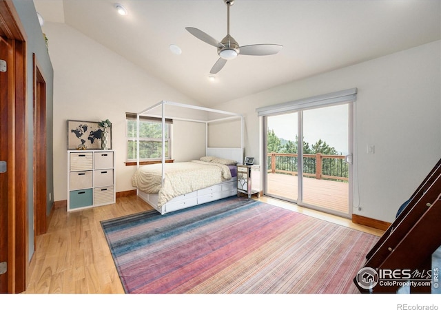 10435 Roan Mountain Rd, Loveland, CO 80538 - bedroom with light wood-style floors, access to exterior, multiple windows, and a ceiling fan