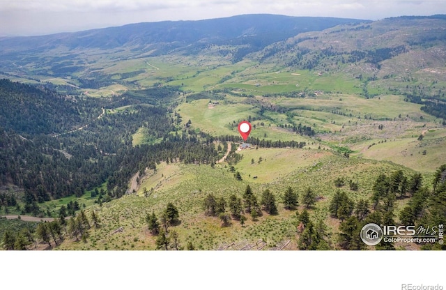 10435 Roan Mountain Rd, Loveland, CO 80538 - birds eye view of property with a mountain view and a view of trees