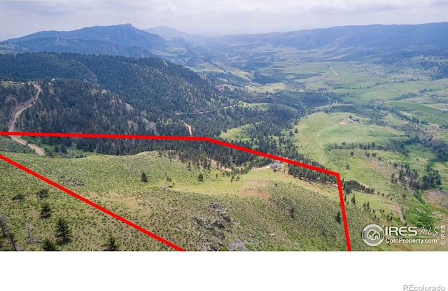 10435 Roan Mountain Rd, Loveland, CO 80538 - birds eye view of property with a wooded view and a mountain view