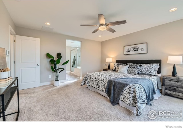 38 Morgan Cir S, Erie, CO 80516 - bedroom featuring carpet flooring, recessed lighting, baseboards, a ceiling fan, and ensuite bath