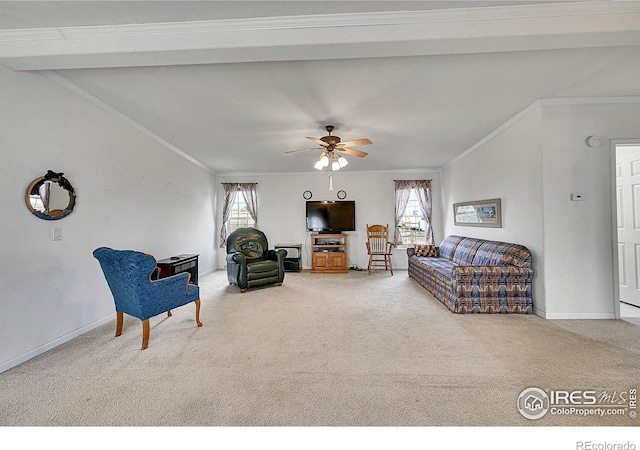 24505 County Road 53, Kersey, CO 80644 - living room featuring carpet floors, crown molding, plenty of natural light, and a ceiling fan