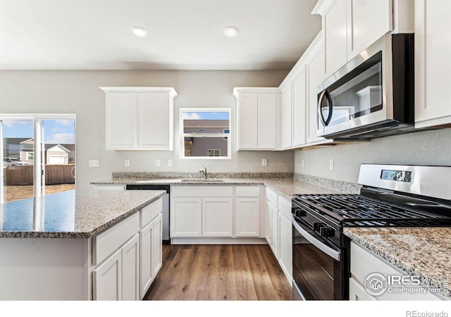 974 Cascade Falls St, Severance, CO 80550 - kitchen with stainless steel appliances, wood finished floors, white cabinets, recessed lighting, and light stone counters