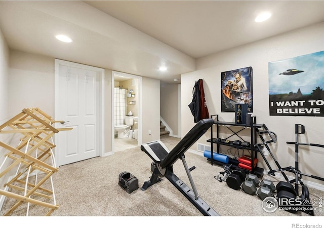 workout area with baseboards, carpet flooring, and recessed lighting