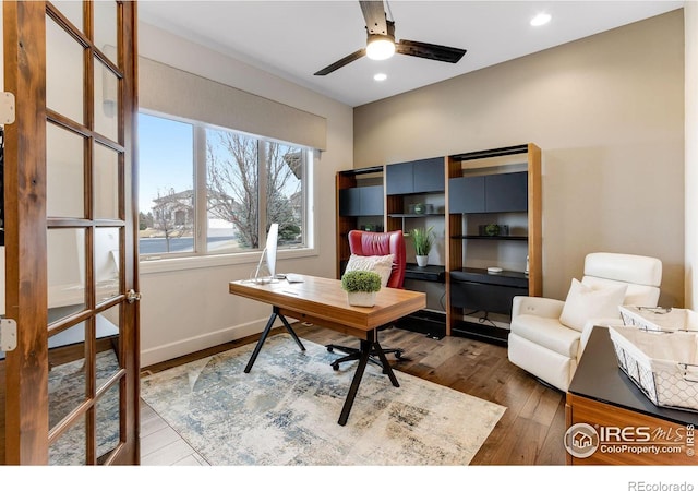 office area with baseboards, ceiling fan, recessed lighting, french doors, and wood-type flooring