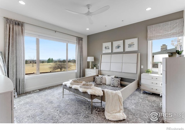 bedroom featuring baseboards, marble finish floor, recessed lighting, a ceiling fan, and freestanding refrigerator