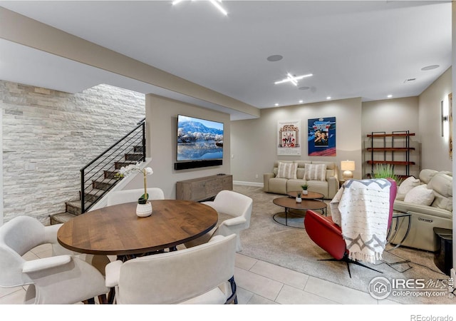 dining area with stairs, recessed lighting, light tile patterned floors, and light carpet