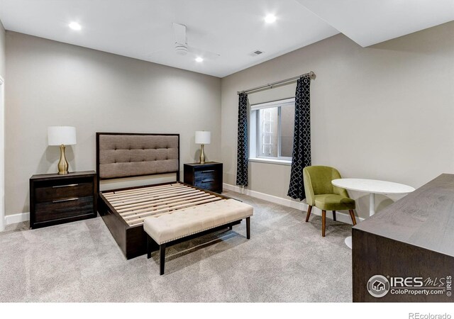 bedroom with recessed lighting, baseboards, light colored carpet, and visible vents