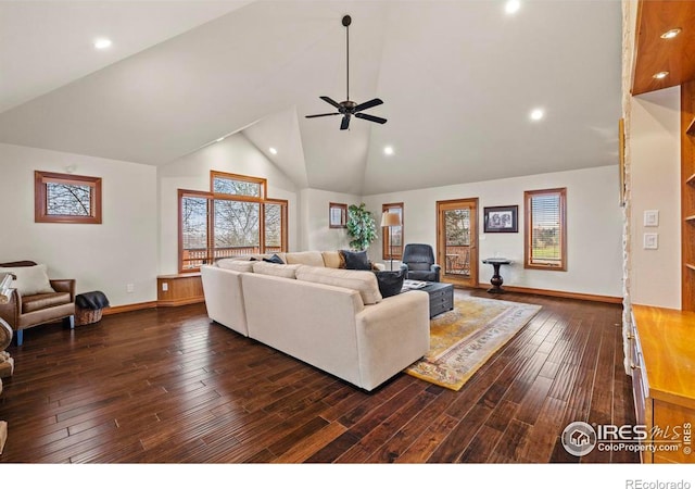 living area featuring high vaulted ceiling, dark wood-style floors, baseboards, ceiling fan, and recessed lighting