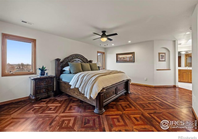 bedroom with baseboards, visible vents, recessed lighting, and a ceiling fan