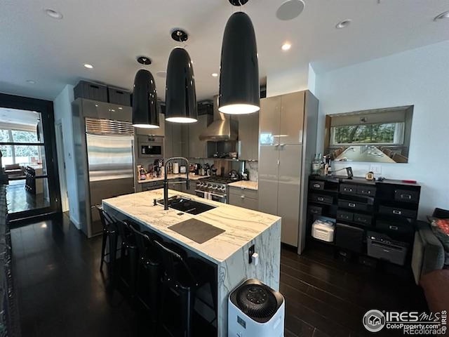 100 E Cooper Ave E Unit 7, Aspen, CO 81611 - kitchen with a sink, high end appliances, dark wood finished floors, wall chimney exhaust hood, and gray cabinetry