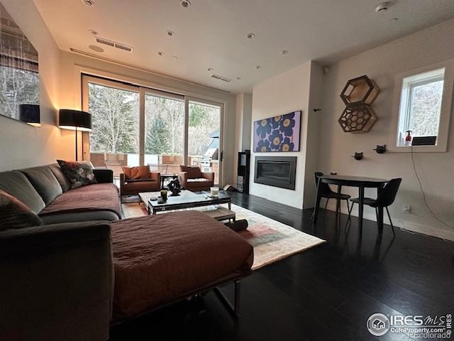 100 E Cooper Ave E Unit 7, Aspen, CO 81611 - living room featuring baseboards, a glass covered fireplace, wood finished floors, and visible vents