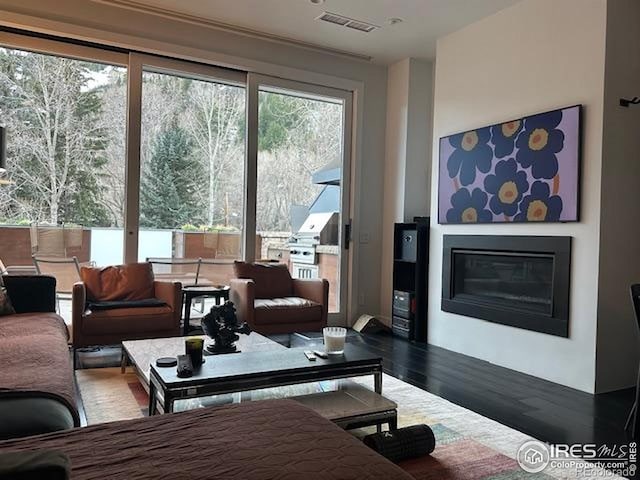 100 E Cooper Ave E Unit 7, Aspen, CO 81611 - living room featuring a glass covered fireplace, wood finished floors, visible vents, and plenty of natural light