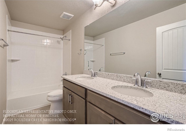 2387 Bristol St, Superior, CO 80027 - bathroom featuring toilet, double vanity, bathtub / shower combination, and tile patterned flooring