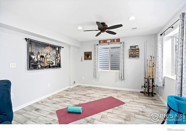 2747 Dafina Dr, Loveland, CO 80537 - exercise area featuring ceiling fan, visible vents, wood finished floors, baseboards, and recessed lighting
