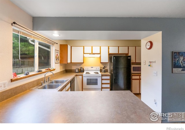 3005 Ross Dr Unit U17, Fort Collins, CO 80526 - kitchen with freestanding refrigerator, white range with electric stovetop, under cabinet range hood, dishwasher, and light countertops