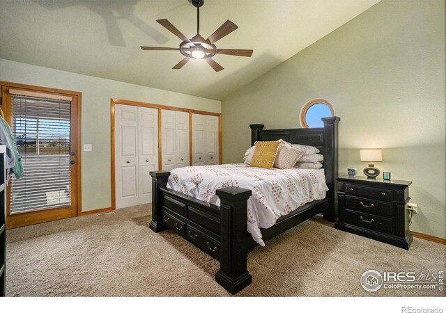 7889 Antelope Ct, Wellington, CO 80549 - bedroom featuring a closet, lofted ceiling, baseboards, ceiling fan, and carpet