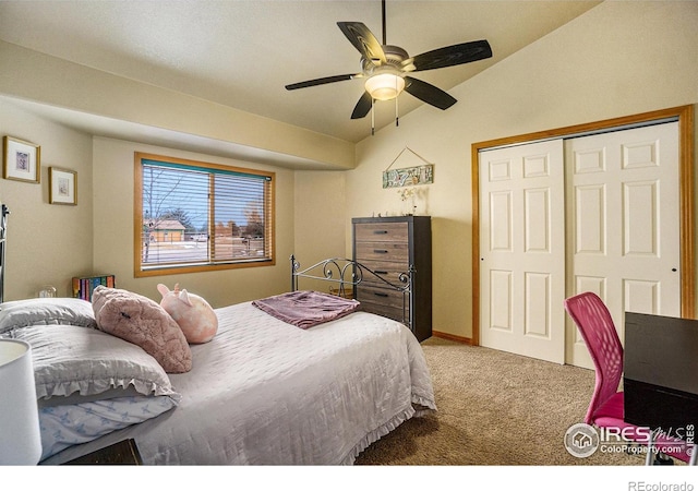 7889 Antelope Ct, Wellington, CO 80549 - carpeted bedroom with baseboards, vaulted ceiling, a closet, and a ceiling fan