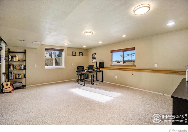7889 Antelope Ct, Wellington, CO 80549 - carpeted home office with baseboards, visible vents, recessed lighting, and a textured ceiling