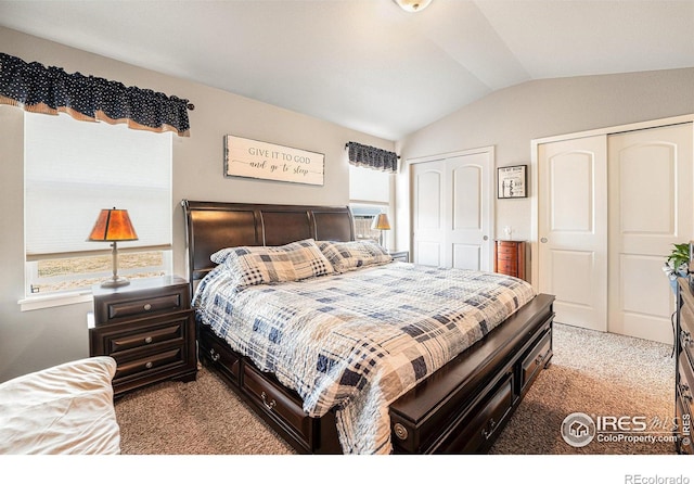 1108 Osprey Way, Wiggins, CO 80654 - bedroom featuring carpet flooring, lofted ceiling, and multiple closets