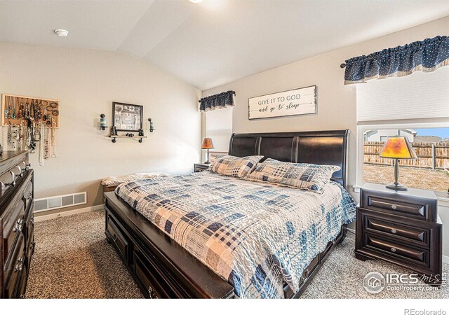 1108 Osprey Way, Wiggins, CO 80654 - bedroom featuring carpet floors, baseboards, vaulted ceiling, and visible vents
