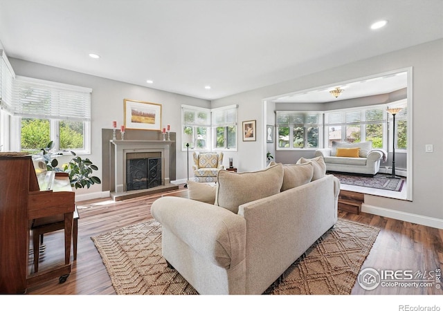 6850 Frying Pan Rd, Boulder, CO 80301 - living area featuring a baseboard heating unit, a fireplace, baseboards, recessed lighting, and wood finished floors