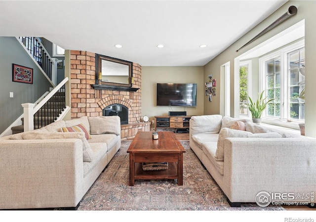 6850 Frying Pan Rd, Boulder, CO 80301 - living area featuring recessed lighting, stairs, and a brick fireplace
